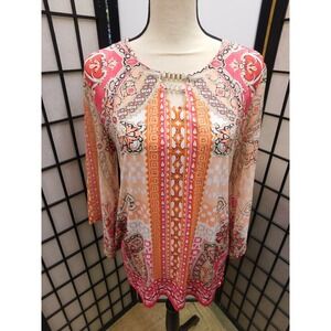 Womens Small JM Collection Multicolor Print Blouse With Studs And Metal Accents